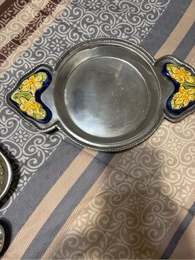 Decorative Peruvian Pewter Serving Tray with Yellow Floral Accents - 2